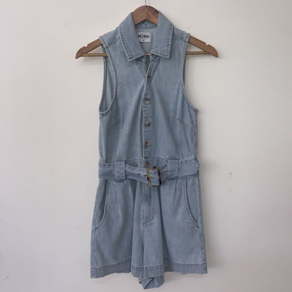 SHOW ME YOUR MUMU Rancho Mirage Shorts Romper Belted Blue Medium Rodeo Classic